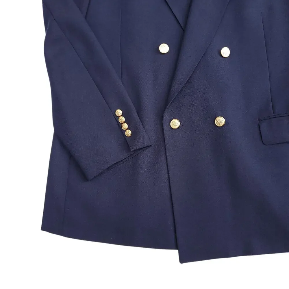 VTG Stafford Blue Wool Blend Gold Button Double Breasted Jacket Sport Coat 44L